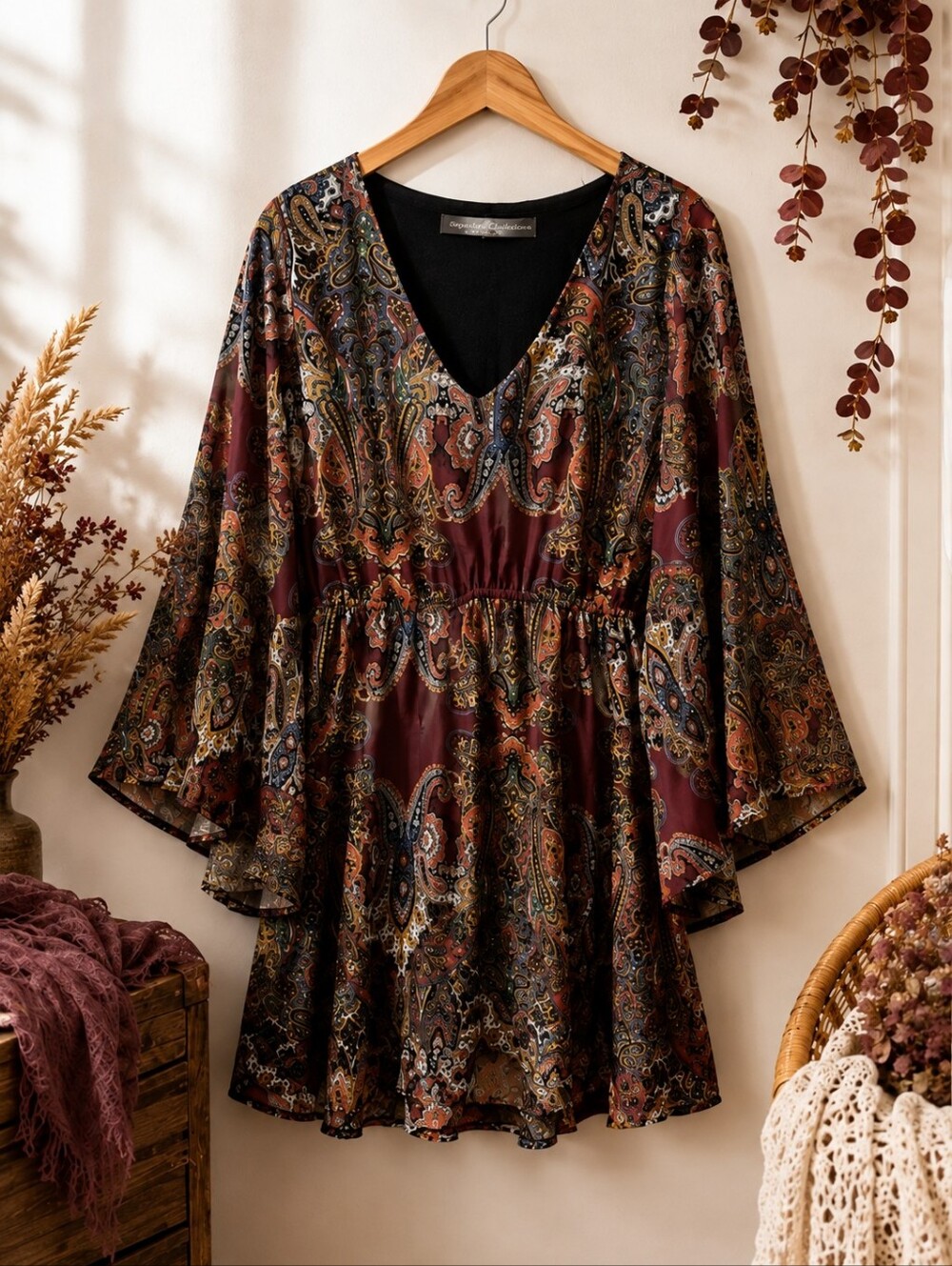 Signature Collection Paisley Boho Tunic Dress Burgundy Bell Sleeve 1X